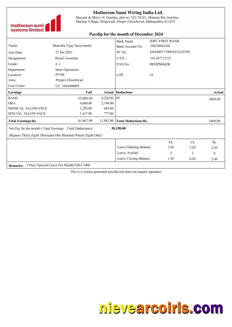 Motherson Sumi Wiring harness payslip